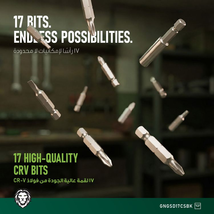 Green Lion GSD-17 Cordless Screwdriver with 17-in-1 Functionality, 300 RPM No-Load Speed, 3 Torque Settings, 1500mAh Rechargeable Battery, 1/4" Quick-Release Hex Bit Collet, LED Work Light, 50cm Type-C Charging Cable, 60mm Bit Adapter Included - Black