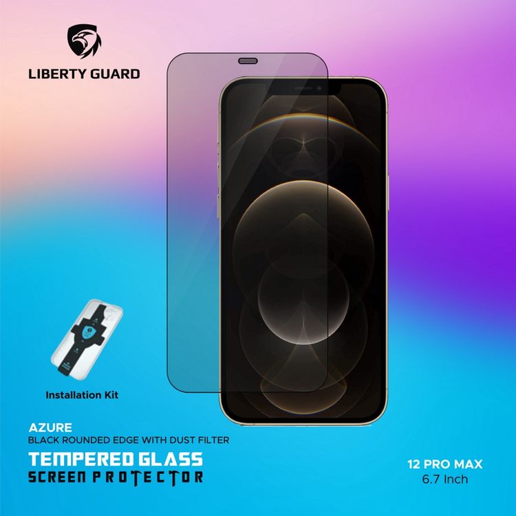 واقي شاشة Liberty Guard Azure Full Cover Black بحافة مدورة لهاتف iPhone 12 Pro Max، مضاد للصدمات والتأثير - أسود