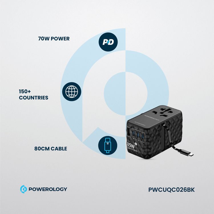 Powerology Universal 85W Super Charger with Retractable Type-C Cable, 70W Power Delivery, GaN Technology, Simultaneous Charging, Spare Fuse Included - Black