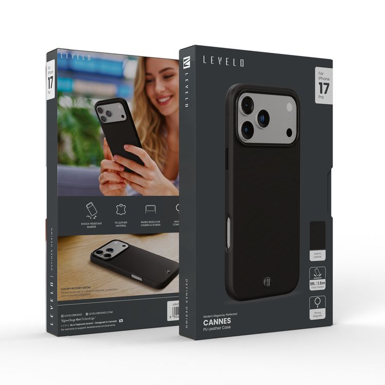 Cannes PU Leather Case for iPhone 17 Pro with Strong Magnets, Shock-Resistant Bumper, MagSafe Compatibility, 5ft. | 1.5m Drop-Tested, Soft PU Leather Material - Black