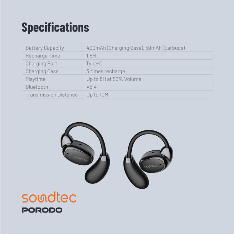 Porodo Soundtec Aero Tune Earbuds with  Touch Controls, HiFi Stereo, Crisp Microphone, Rich Bass, Up to 10m Transmission Range, Compact and Lightweight Design - Black