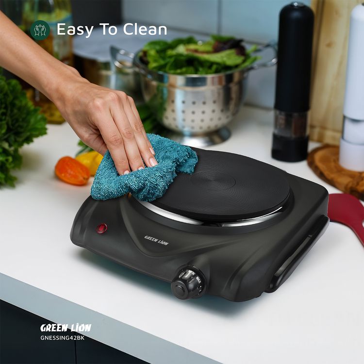 Green Lion Electric Stove with Single Hot Plate, 6 Heating Levels, Anti-Slip Base, Power Indicator, Easy-to-Clean Design, Thermostat Control, Iron & Plastic Material, 50-500° C Temperature Range, 70cm BS Plug - Black
