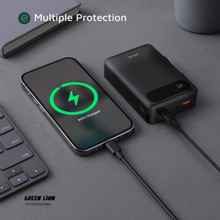 باور بانك جرين ليون توليدو بقوة 10000 مللي أمبير PD 20W مع حزام كابل من USB-C إلى USB-C، ومخرجات USB-A وUSB-C، معتمد للطيران، بشاشة رقمية وشحن سريع - أسود