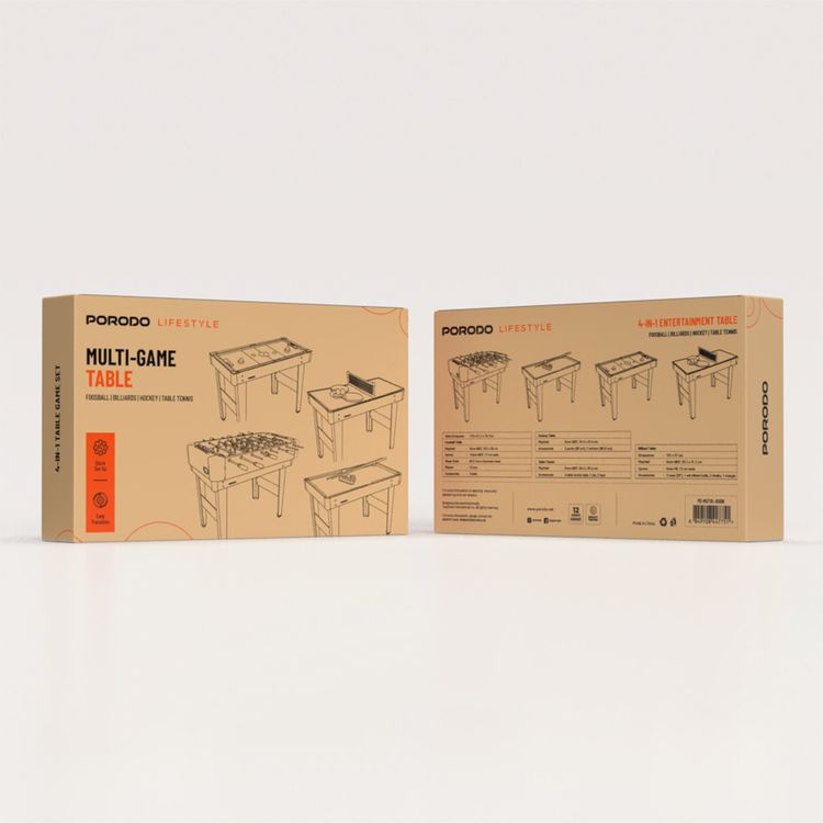 Porodo Lifestyle Multi-Game Table with Foosball Table, Billiard Table, Hockey Table & Table Tennis, Easy Transition, Quick Set-up, Full Package Accessories - Brown