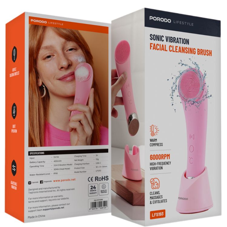 Porodo Sonic Vibration Facial Cleansing Brush with Massage & Exfoliate Function, 6000RPM High-Frequency Vibration, Warm Compress, 400mAh Battery Capacity, USB-C Charging Interface, 2 Hours Charging Time, Gentle Silicone Bristles - Pink