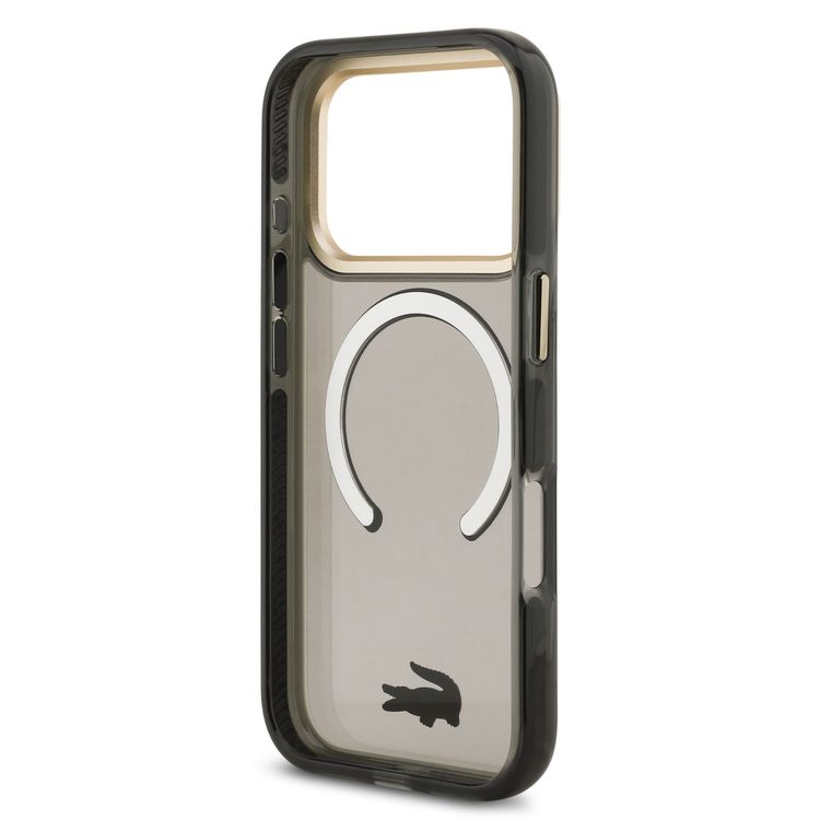 حافظة لاكوست ماج سيف الشفافة المصنوعة من TPU وPC مع تشطيب مات لهاتف آيفون 17 برو ماكس، حماية من السقوط، تصميم نحيف، تغليف مستدام، سهلة التركيب - باللون الأسود المدخن / الذهبي