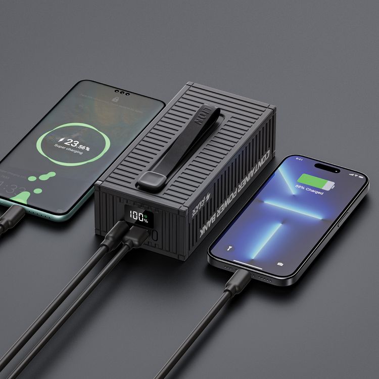 بنك الطاقة جرين ليون كونتينر بسعة 50000mAh مع كابل شحن 4 في 1، مصباح يدوي مدمج، عرض رقمي، شحن سريع PD20W، QC3.0 22.5W، حزام حمل مدمج - لون أسود.