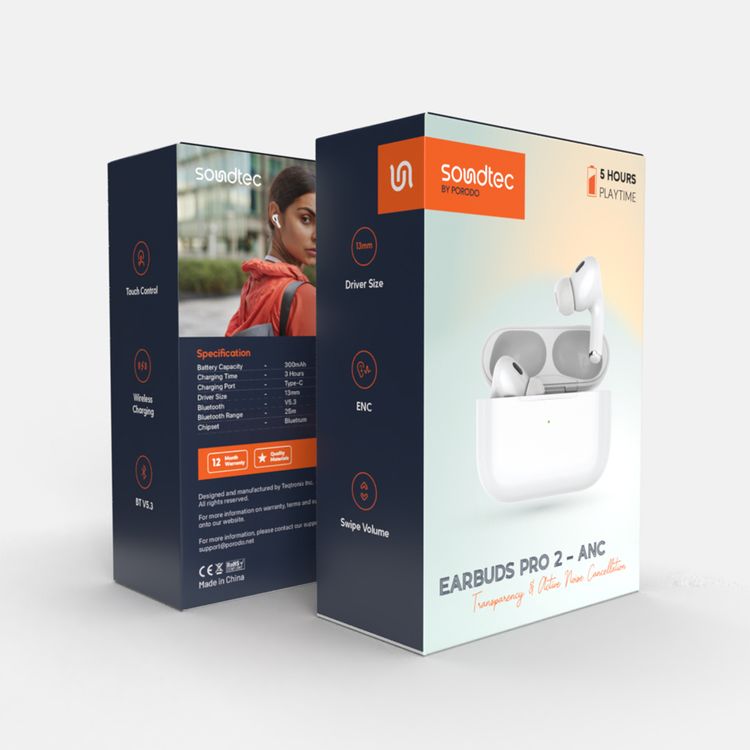 Porodo Soundtec Earbuds Pro 2 with ANC Transparency & Active Noise Cancellation, Adaptable, Touch Control, Wireless Charging Compatibility, Bluetrum Chipset, 300mAh Battery Capacity - White