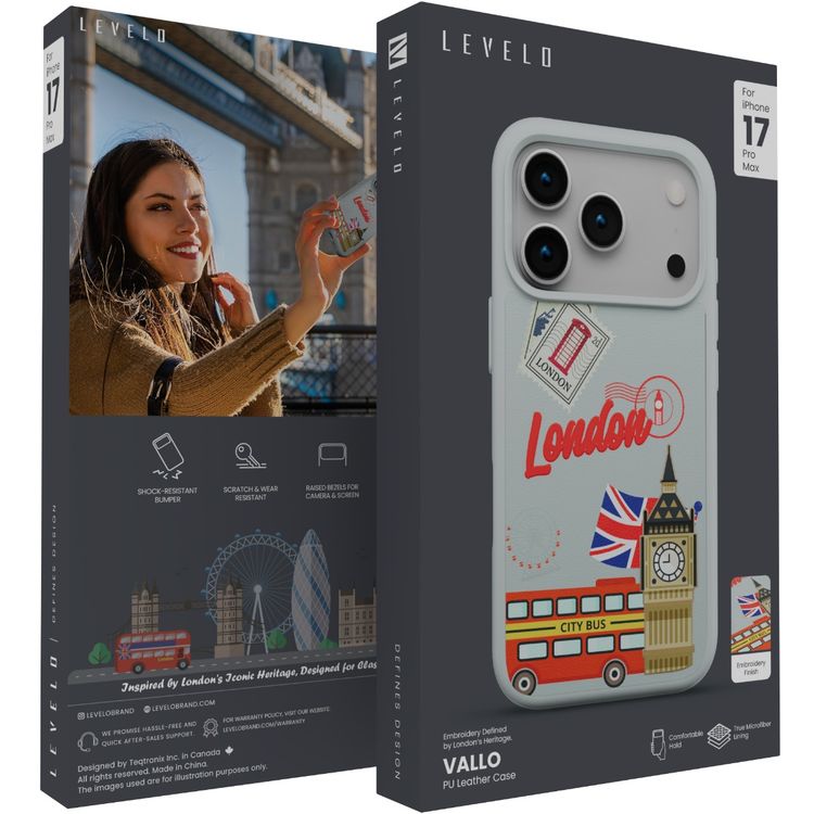 Levelo Vallo PU Leather Case for iPhone 17 Pro Max with Embroidery London Finish, Comfortable Hold, Durable PU Leather, Raised Bezels for Camera and Screen, True Microfiber Interior Lining, Scratch & Wear Resistant, Shock-Resistant Bumper - Brushed Silver