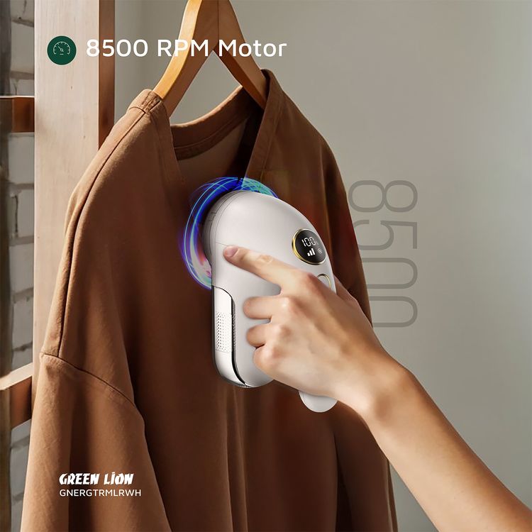 Green Lion Ergotrim Digital Fabric Remover with 3-Gear Speed Control, Up to 3 Hours Working Time, 110mL Lint Bin Capacity, 6-Leaf Blade, Honeycomb Mesh Cover, Ergonomic Handle, Safety Protection - White