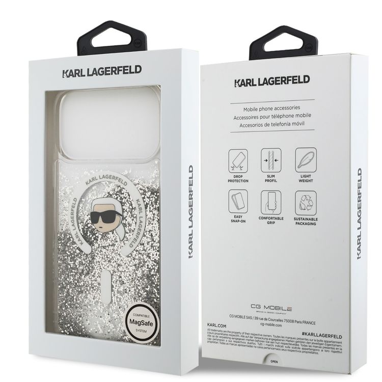 Karl Lagerfeld MagSafe Liquid Glitter Case with Karl Head for iPhone 17 Pro, Drop Protection, Easy Snap-On, Slim & Lightweight Design, Sustainable Packaging, Comfortable Grip - Transparent