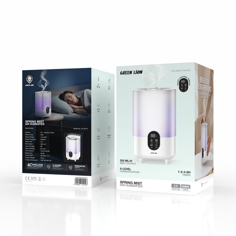 Green Lion Spring Mist Air Humidifier with 3.7L Water Tank Capacity, 6-Level Humidification, LED Night Light, Top-Fill Design, Anti-Slip Base, Quiet Operation, 30² Wide Coverage, Hidden Aroma Diffuser, Low-Water Indicator, Plug-in Use, Touch-Control Display, 350mL/h Mist Output - White