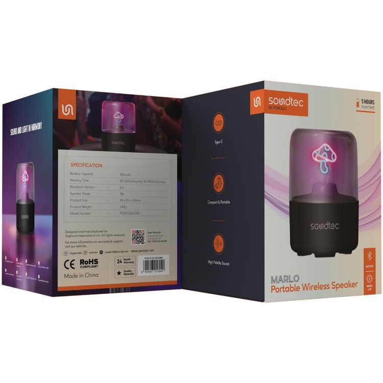 Porodo Soundtec Marlo Portable Wireless Speaker with Ambient Light, Up to 5 Hours Working Time, 350mAh Battery, Bluetooth Version 5.0, USB-C Charging Interface, 3W Speaker Power, Compact & Portable Design, High Fidelity Sound - Black