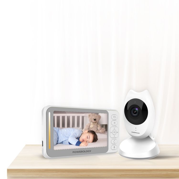 Powerology Smart Cam Baby Monitor with Two-Way Audio & Smart Sensors, 300m Monitor Range, 4.35" Screen Size, Milk Feeding Reminder, Preloaded Music - White