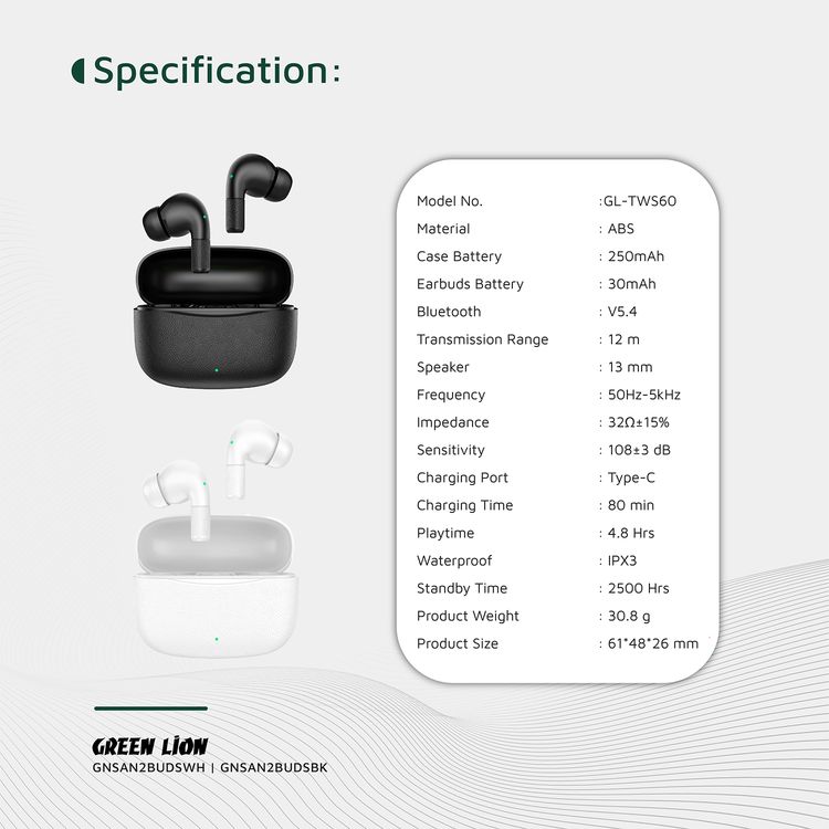 Green Lion Santorini 2 True Wireless Earbuds with Touch Controls, Up to 5 Hours Play Time, ABS Material, 2500 Hours Standby Time, 13mm Speaker Size, ENC Dual Microphones, High-Quality Sound, Voice Assistant - Black