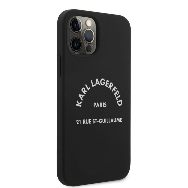 CG Mobile Karl Lagerfeld Silicone Hard Case RSG White Logo Compatible for Apple iPhone 12 / 12 Pro (6.1"), Easy Access to All Ports, Scratch Resistant & Drop Protection Back Cover Suitable with Wireless Charger Officially Licensed - Black