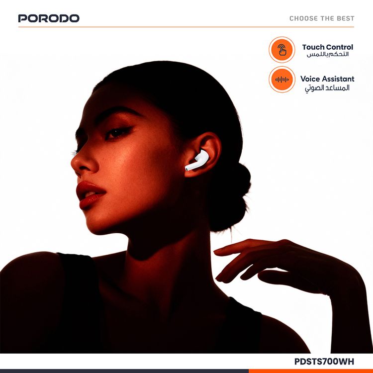 Porodo Nimbus True Wireless Earbuds with Stereo Sound, Voice Assistant, Touch Control, 5 Hours Play Time, 1.5 Hours Charging Time, Type-C Charging Interface, 180mAh Battery Case Capacity, Bluetooth Version 5.4 - White