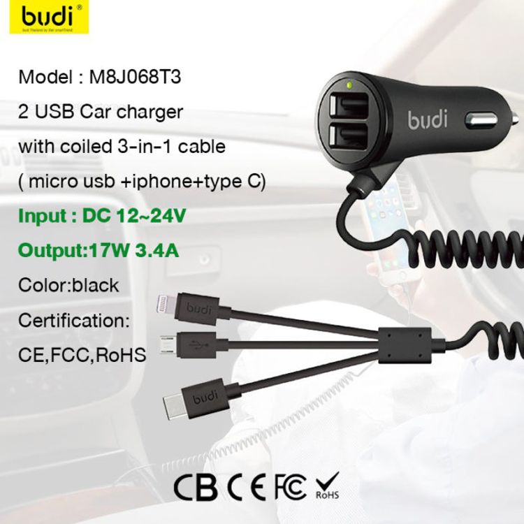 Budi M8J068T3 Car Charger / 17W Lightning / Micro USB / USB Type-C - Black