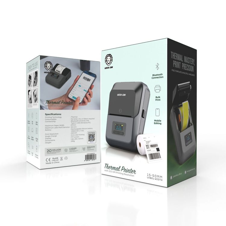 Green Lion Thermal Printer With 203 DPI Printing Resolution, TFT Screen, 1500mAh Rechargeable Lithium Battery, Bluetooth &  Type-C Connectivity, Bulk Print, Mobile Editing - Gray