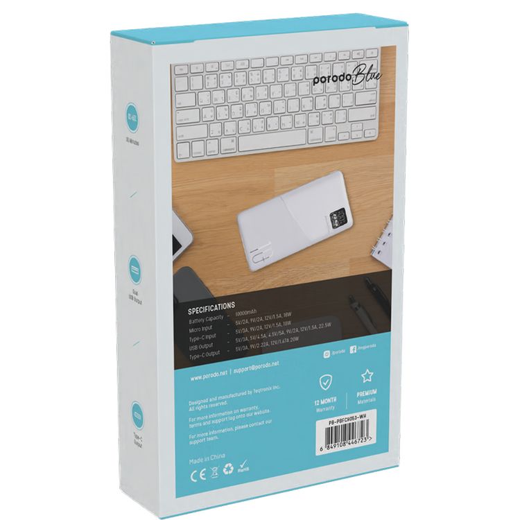 Porodo Blue Quick Charge Power Bank with USB-A & USB-C Outputs, 10000mAh Battery Capacity, Digital Display, 20W Power Delivery - White