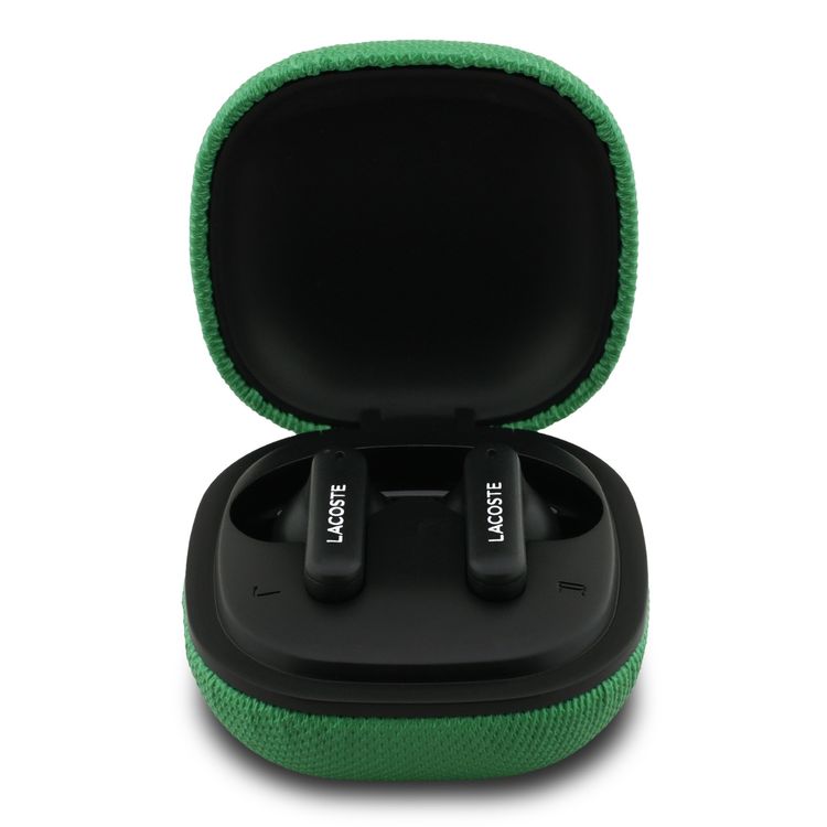 Lacoste Leather TWS Earbuds with Iconic Petit Pique Logo, 250mAh Charging Case & 30mAh Earbuds Battery, 10m Transmission Range, Up to 6 Hours Play Time, USB-C Charging Port, Bluetooth Version 5.4, Rich & Balanced Sound - Estragon Green