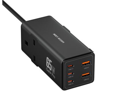 شريط الطاقة من جرين ليون 7 في 1 بقوة 65 واط من نوع GaN مع طاقة 3250 واط، مصنوع من مادة مقاومة للاشتعال من نوع PC، مع خاصية PD بقوة 65 واط، مغالق أمان، 3 منافذ نوع-C و 2 منافذ USB-A، 2 مآخذ كهرباء AC، متوافق على نطاق واسع - باللون الأسود.