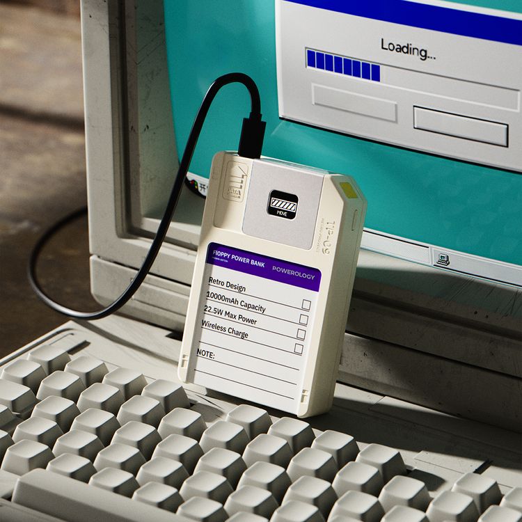 Powerology Floppydisk Retro 10000mAh MagSafe Powerbank with OLED Display Screen, Multi-Protocol Fast Charging, Universal Compatibility, 64GB Storage Capacity, High-Speed Data Storage, Fire-Resistant PC Material - White