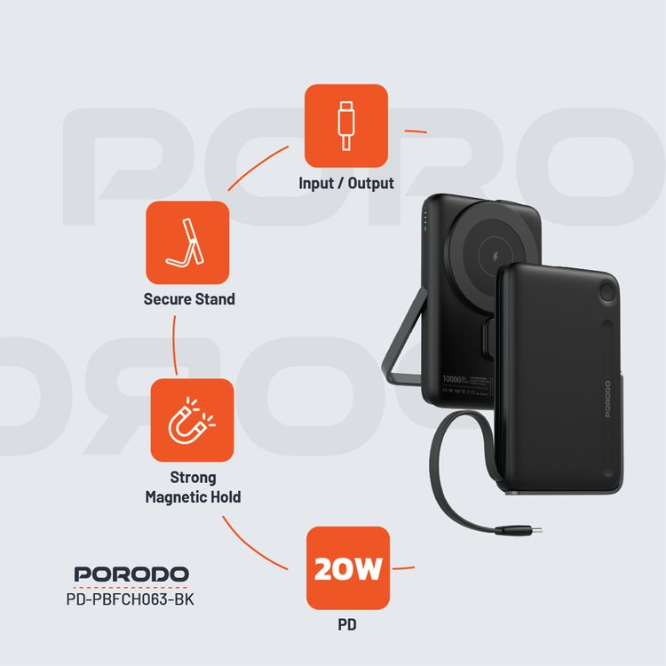 Porodo 10000mAh Power Bank with Built-in Type-C Cable & Stand, Strong Magnetic Hold, 20W Power Delivery, Fast Charging Support, 15W Wireless Output - Black