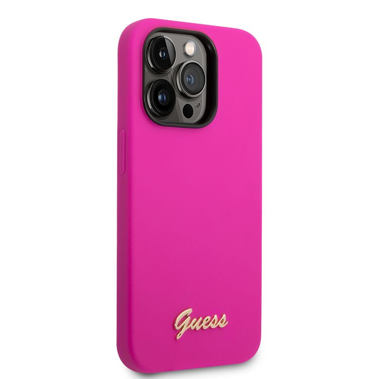 Guess Liquid Silicone Case With PC Camera Outline & Script Metal Logo - iPhone 14 Pro - Fuchsia