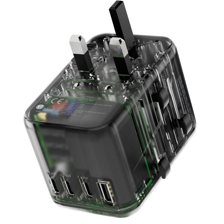 Powerology Universal Multi-Port Travel Adapter with 65W Power Delivery, Dual 10A Fuses, 12W USB-A Output, Laptop Charging Compatibility, Universal Plugs - Transparent / Gray