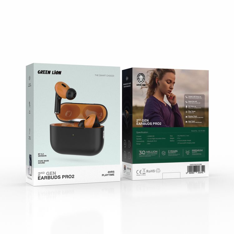 Green Lion 2nd Gen Earbuds Pro2 with ANC, Type-C Charging, Universal Compatibility, Wireless Charging, Built-in Microphone,  Silicone Ear Tips & Lanyard Included, 13mm High Excursion Driver, 4 Hours Playtime, Pure Bass Sound - Black / Orange