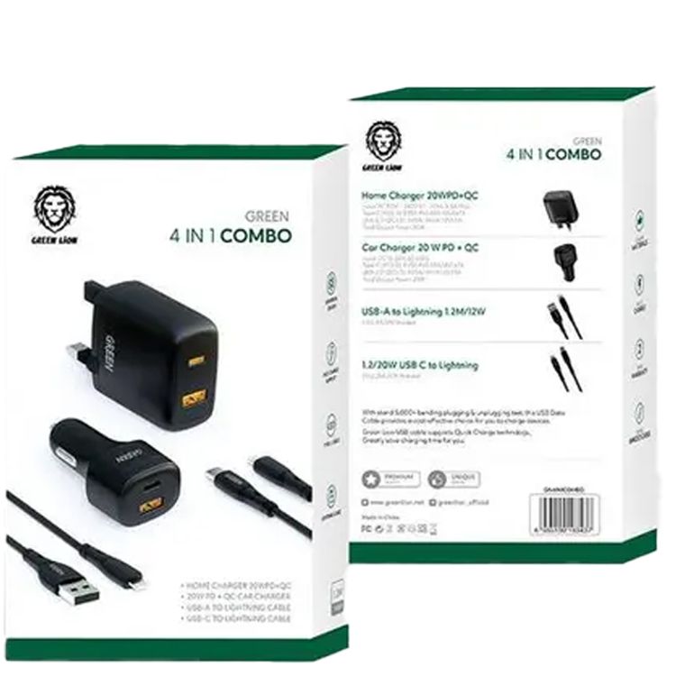 Green Lion 4 in 1 Combo Car Charger & Wall  Charger  with  Multi-Port Fast Charging - Black