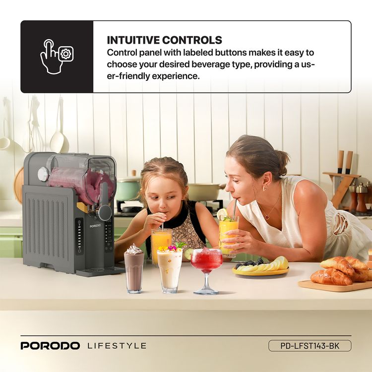 Porodo Lifestyle Multifunction Slushie Maker with 2.6L Capacity, 200W Rated Power, 220-240V Rated Voltage, 50Hz Rated Frequency, 3-Pin UK Plug, Instant Frozen Drinks, Intuitive Controls, Efficient Blending - Black