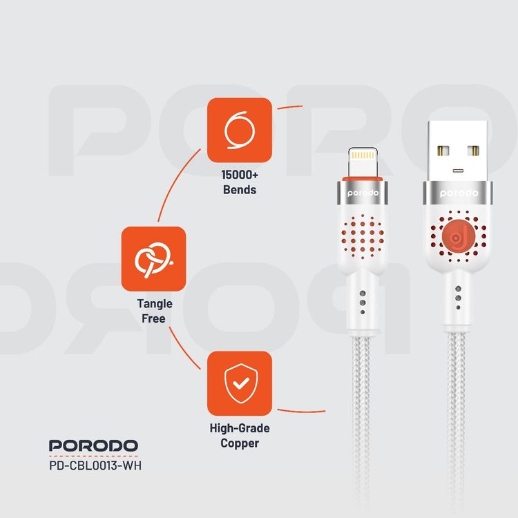 كابل مضفر من سبائك الألومنيوم من بورودو USB-A إلى Lightning 1.2، سرعة نقل 480 ميجابت في الثانية، 2.4 أمبير، عمر افتراضي يزيد عن 15000 ثنية، خالٍ من التشابك - أبيض