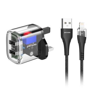 Porodo Dual Output Transparent Charger UK with USB-A to L...