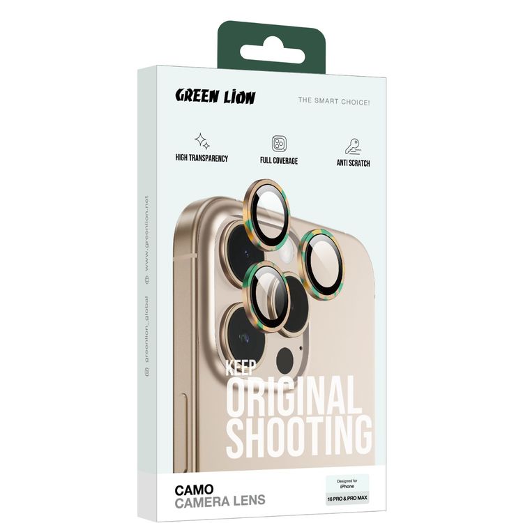 Green Lion Camo Camera Lens for  iPhone 16 Pro / 16 Pro Max, Military-Grade durability, HD Clarity, Advanced AF Coating -  Desert Titanium