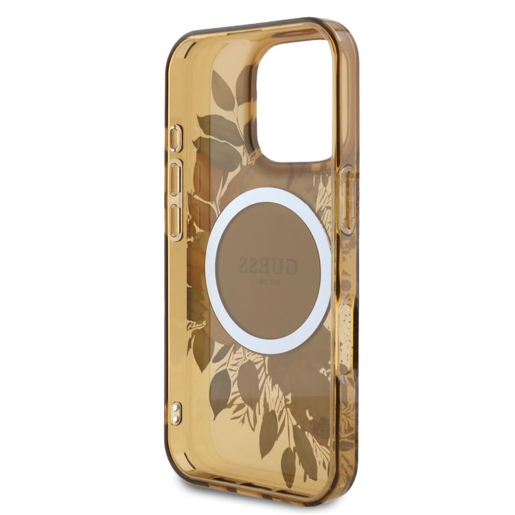 Guess Magsafe IML Transparent Hard Case with Flower Design & Tonal Circle Logo for iPhone 16 Pro, Lightweight, High Quality Material - Brown