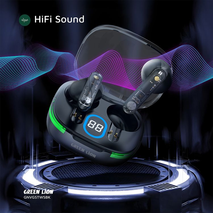 Green Lion Vegas True Wireless Earbuds with Breathing Lights, IPX4 Waterproof Level, Digital Display, HiFi Sound, Dual-Mic, Touch Control, 4 Hours Playtime - Black