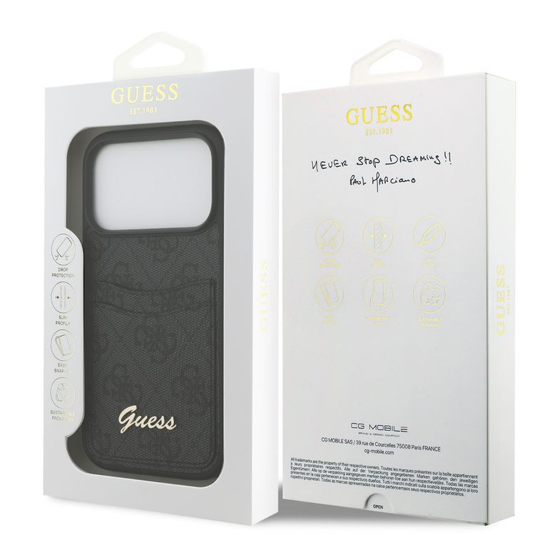 جراب PU مع فتحة للبطاقات وشعار معدني محفور لجهاز آيفون 17 برو ماكس، تصميم خفيف الوزن، قبضة مريحة، سهل التركيب، تغليف مستدام، بروفايل نحيف - أسود