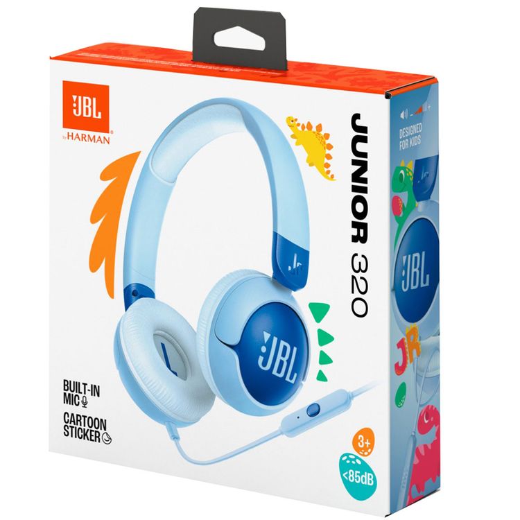 JBL Junior 320 Wired On-Ear Headphones for Kids with JBL Sticker Set, Lightweight, Built-In Microphone, Ultra Portable, 3.5mm Audio Jack, 45° C Maximum Operation Temperature - Blue
