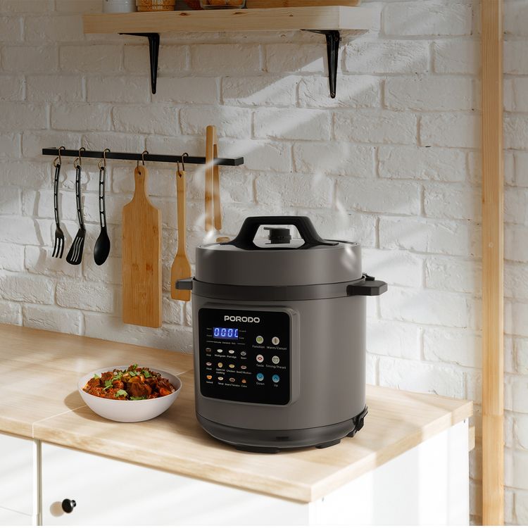 Porodo 1300W Multi-Cuisine Pressure Cooker with 6L Capacity & LED Display, One-Pot Meals, One-Touch Control, Auto Pilot Cooking, Customizable Cooking Programs - Gray