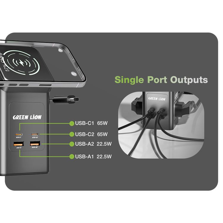 Green Lion GaN 65W Multi-Port Travel Adapter with 8-in-1 Station, ABS & PC Material, 2× AC Sockets, 2× USB-C & 2× USB-A Ports, 80cm Retractable Cable, 2500W Max Power, MagSafe Compatible, GaN Technology, Wide Compatibility, Safety Shutters - Black