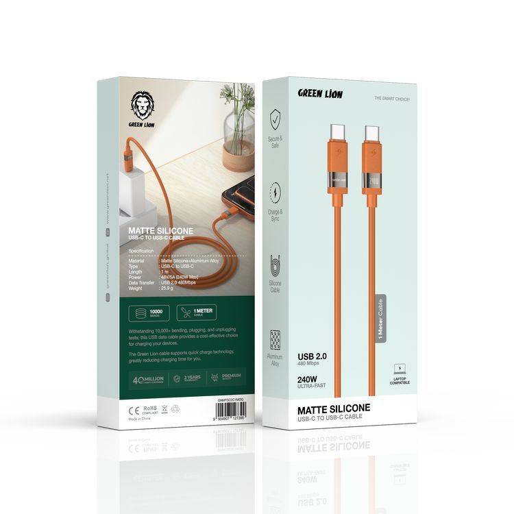 Green Lion Matte Silicone USB-C to USB-C Cable with 240W Ultra-Fast Charging Power, Compatible with Laptop,  USB 2.0 480 Mbps Data Transfer, Secure & Safe, Charge & Sync, Matte Silicone + Aluminum Alloy Material, 1m Cable Length - Orange