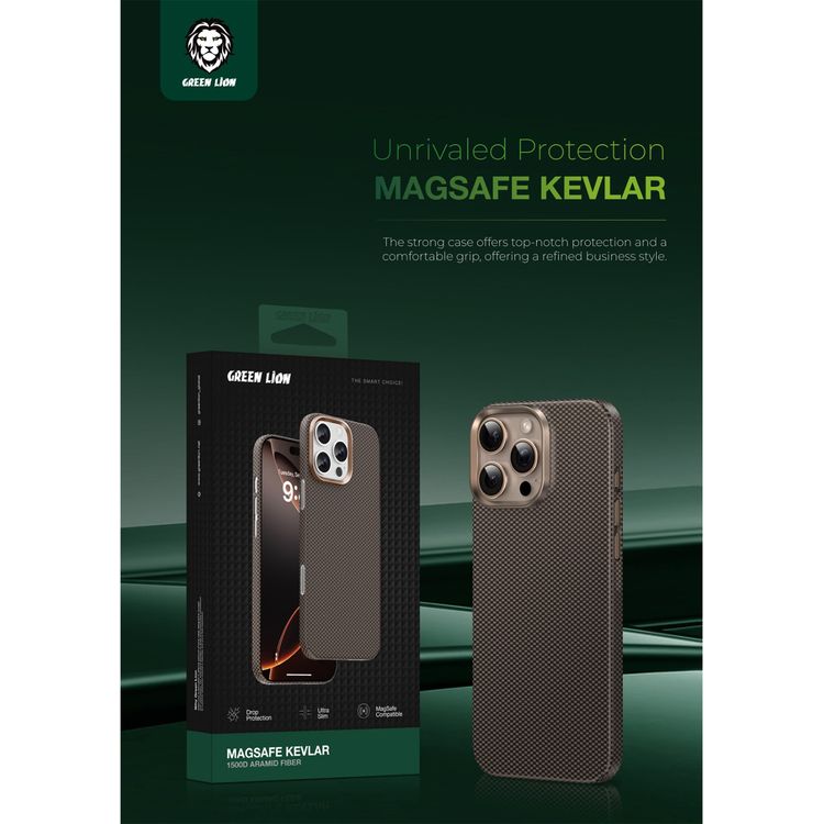 Green Lion Magsafe Kevlar Case for iPhone 16 Pro, Drop Protection, Comfortable Grip, Military Grade Defense, Ultra Slim & Lightweight - Black / Gold