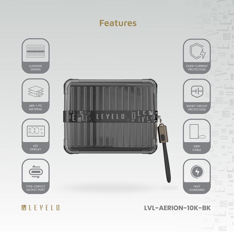 Levelo Aerion Portable 10000mAh Power Bank with Luggage Design, LED Display, Over Current Protection, Lithium-ion Battery, Grip Cable, Fast Charging Support - Black