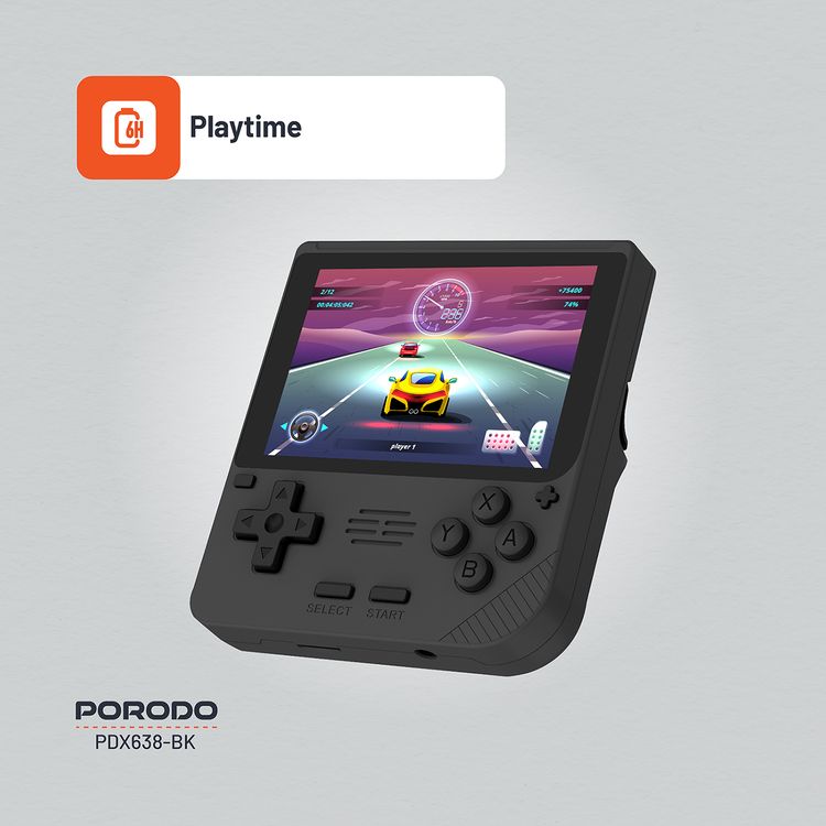 وحدة تحكم ألعاب Porodo Gaming Retro Arcade، محاكي ثلاثي الأبعاد، تصميم مريح، تشغيل صوتي غامر، شاشة IPS مقاس 3.5 بوصة، عمر بطارية 6 ساعات، بطارية 3000 مللي أمبير في الساعة - أسود
