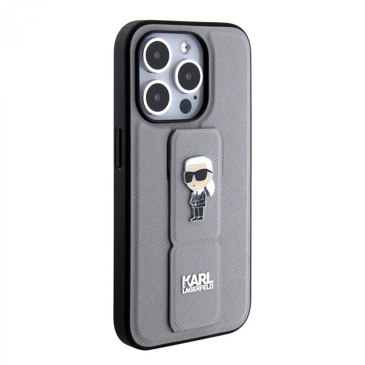 Karl Lagerfeld Saffiano Leather Grip Case With Karl Ikonik Logo - Silver - iPhone 15 Pro Max