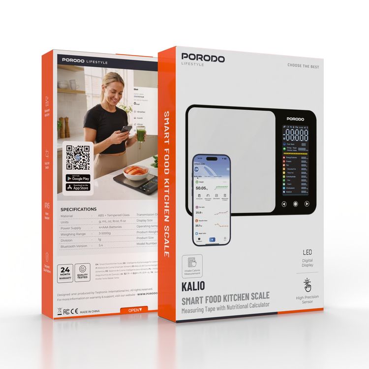 Porodo Kalio Smart Food Kitchen Scale with 3-5000g Weighing Range, IPX5 Water Resistant, Tempered Glass Platform, 5°C to 40°C Operating temperature - Silver 