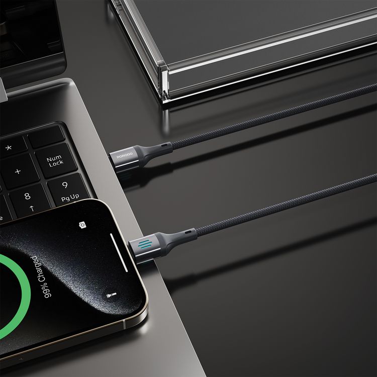 Porodo USB-C to Lightning Charging & Data Cable with 27W Power Delivery, 1m Cable Length, Braided Cable with Tangle-Free Design, 480Mbps Data Transfer Speed, Fast Charge - Gray