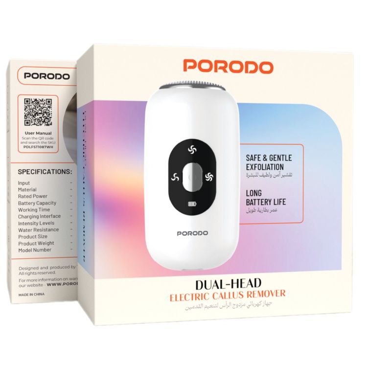 Porodo Dual-Head Electric Callus Remover with 3 Intensity Levels, 1 Hour Working Time, 750mAh Battery, ABS Material, 10W Rated Power, USB-C Charging Port, Quick Head Swap, Smart Stall Protection - White